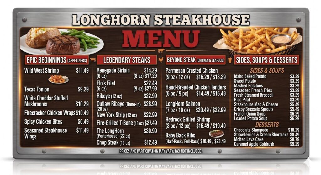 longhorn steakhouse menu with prices and pictures